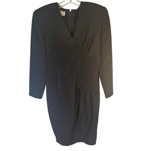 Vintage Jackie Bernard for Eklektic Black V-Neck Draped Long Sleeve Dress ILGWU